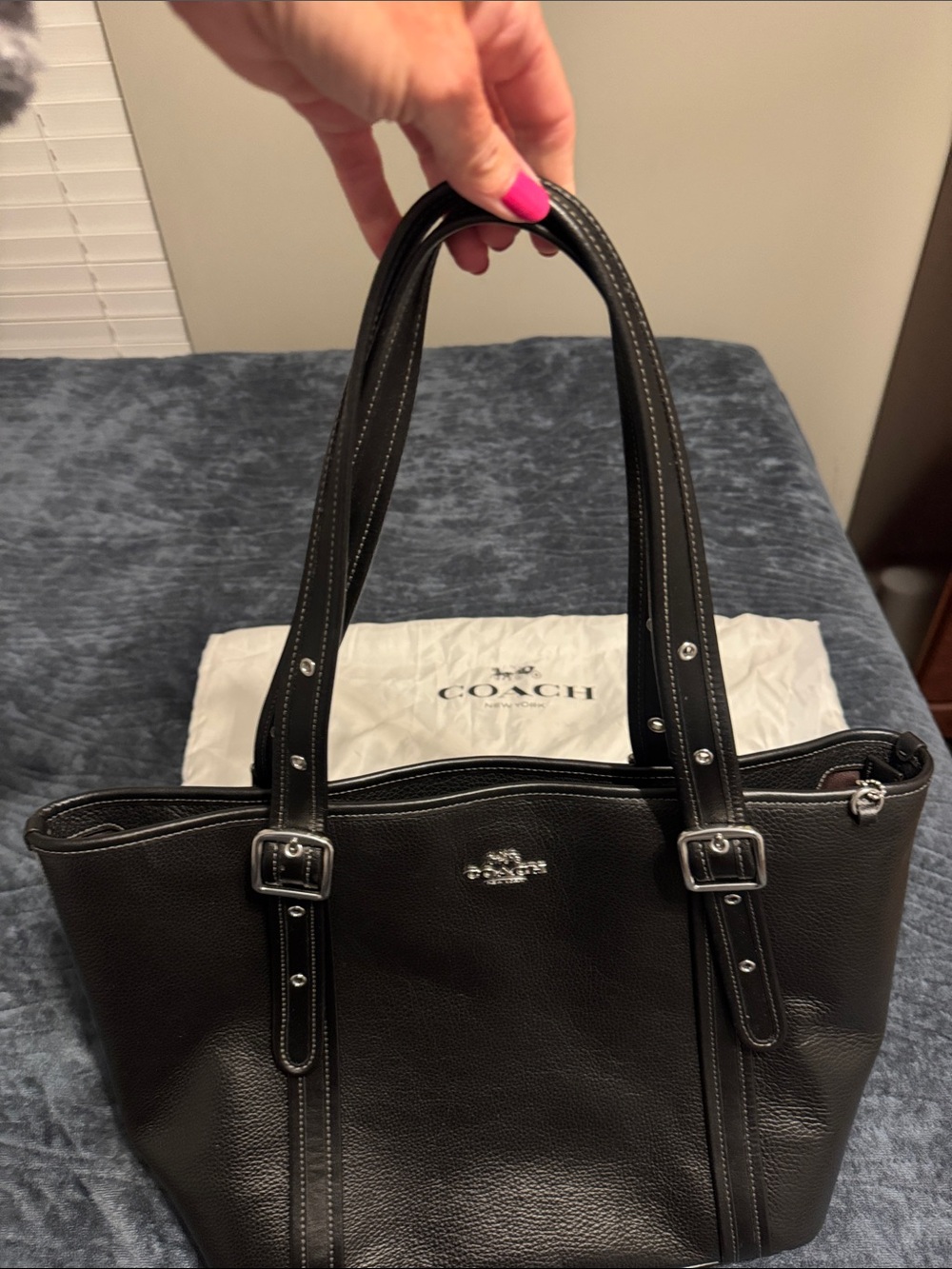Coach Black Pebbled Leather Double-Strap Tote with Silver Hardware - Picture 2 of 4